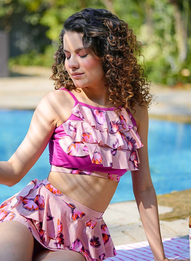 CUKOO Floral Printed Padded Ruffled Swim Set - Image 1